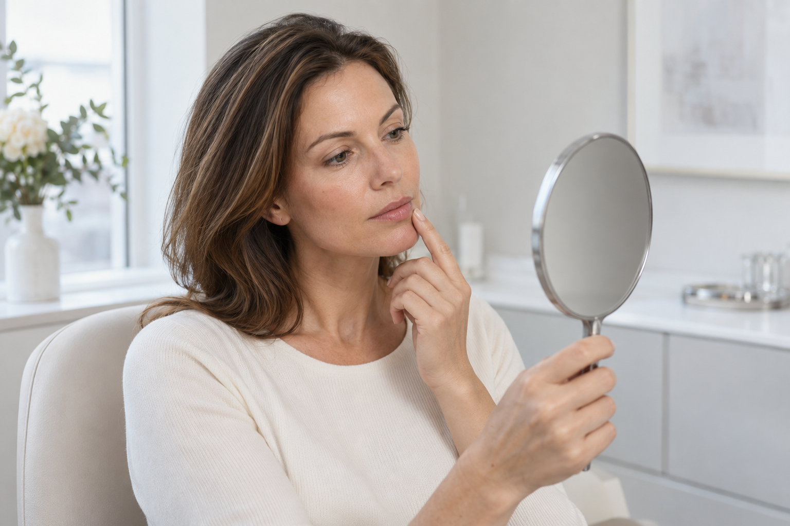 Woman looking at her lips in a handheld mirror before considering treatment