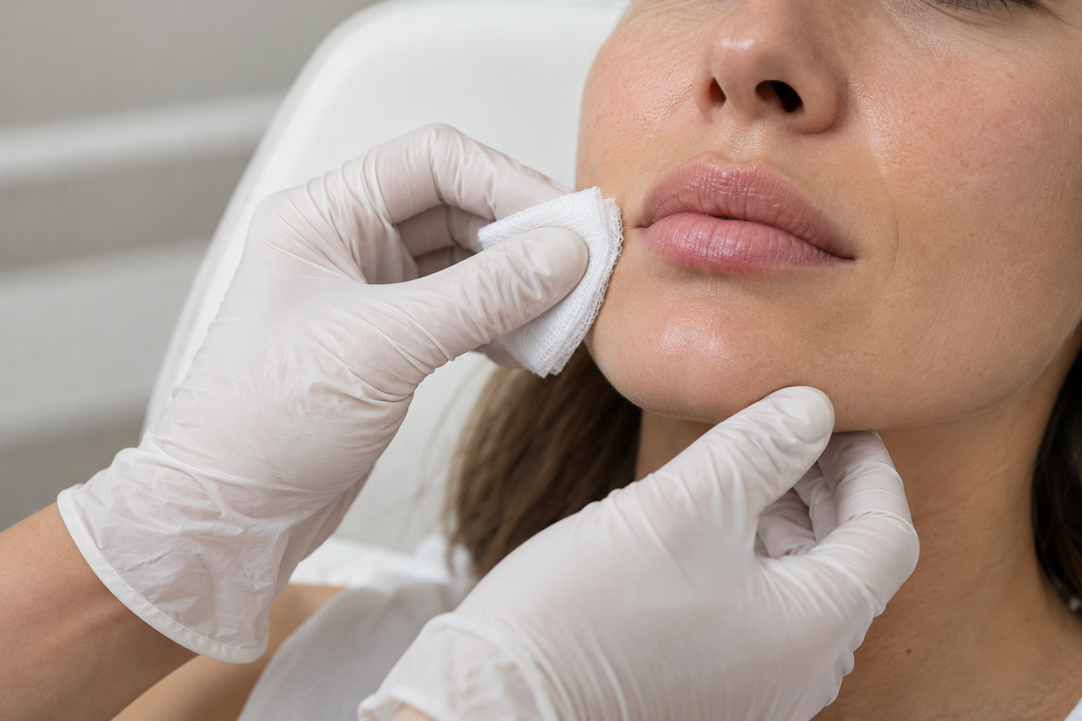 Cleaning the lips with gauze before treatment