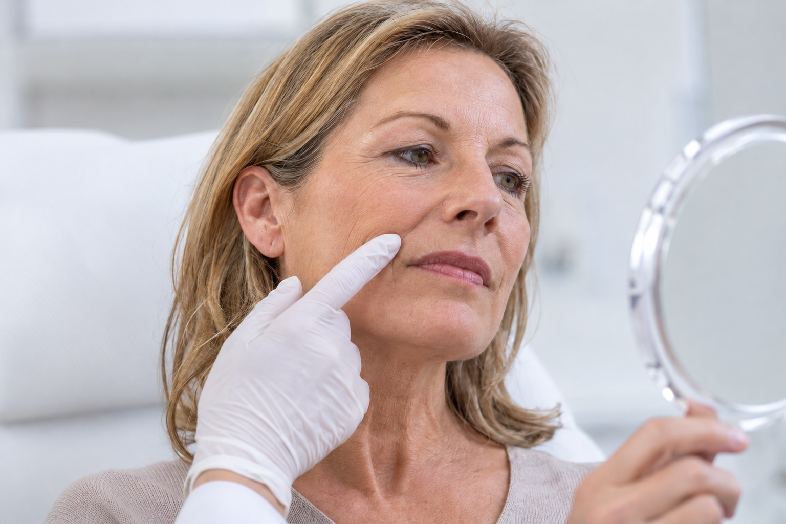 Discussing the nasolabial fold using a hand mirror