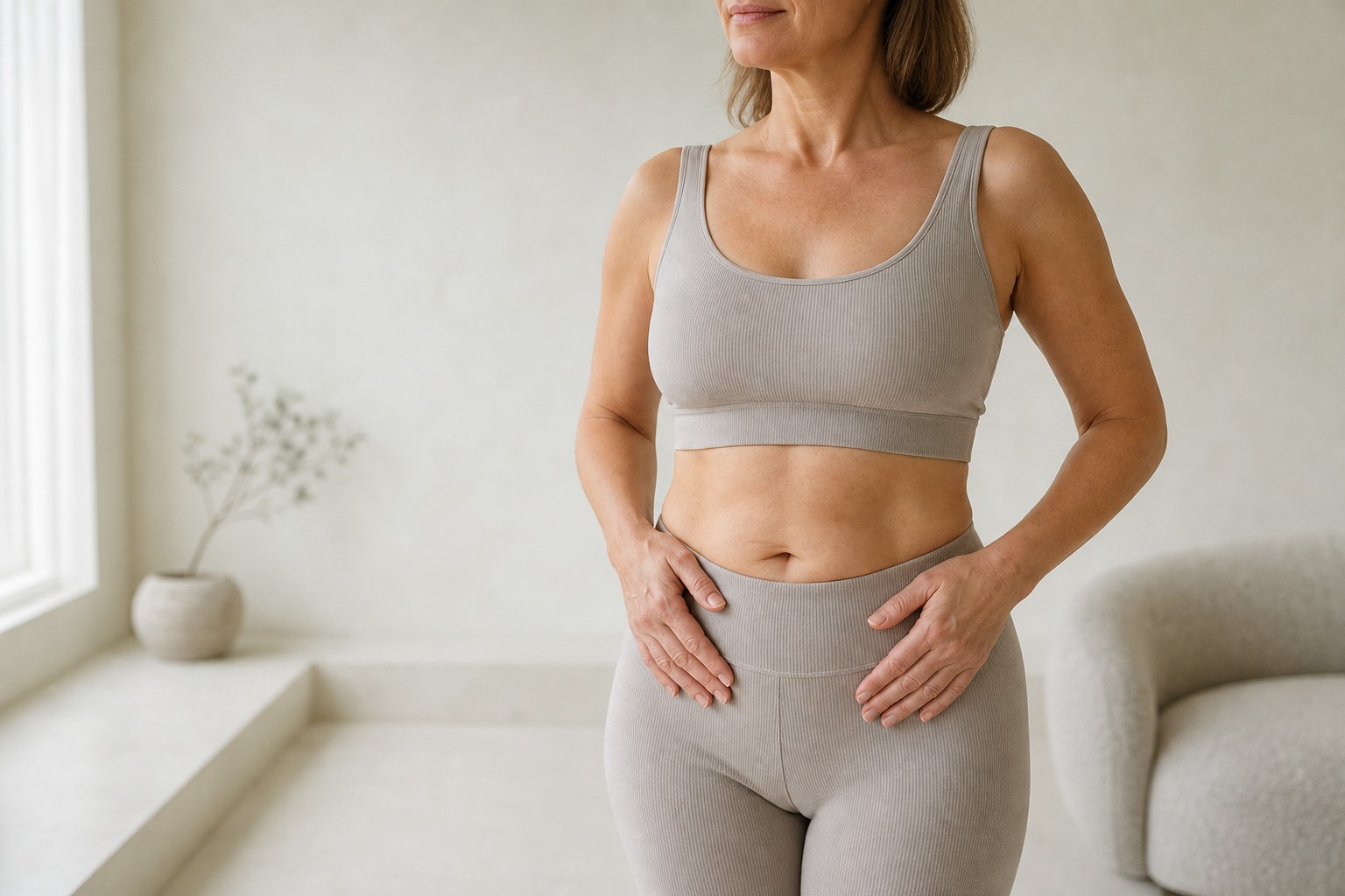 Skin tightening in Berlin – adult woman with a natural body contour in a calm setting
