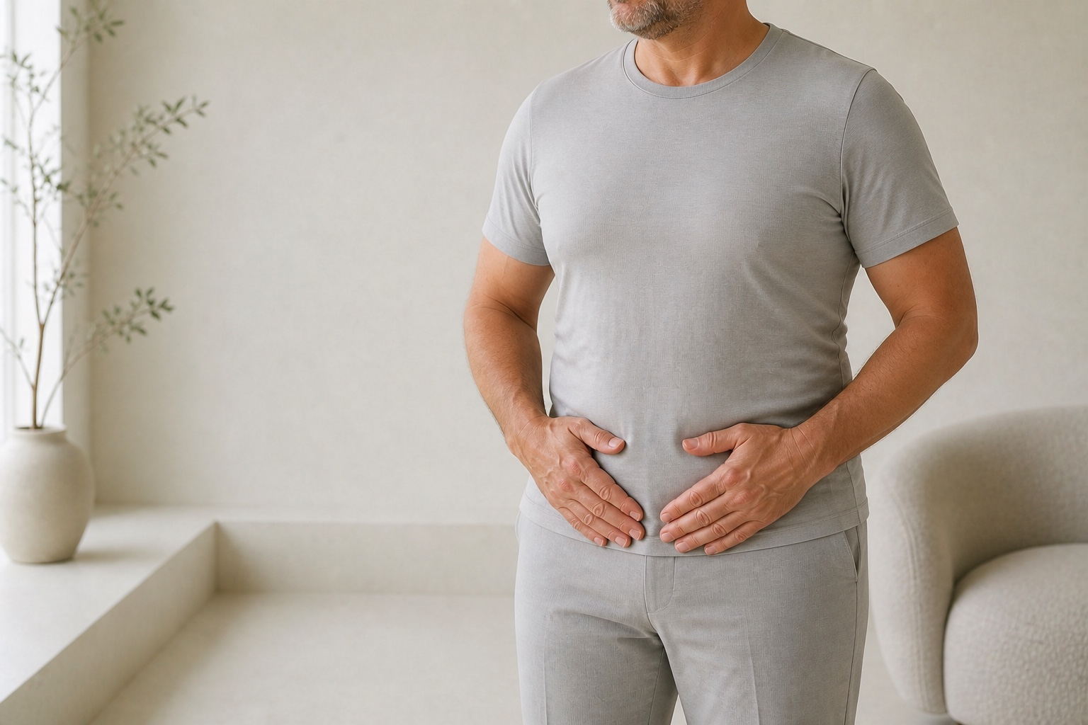 Body contouring for men in Berlin – adult man resting both hands gently on his lower abdomen